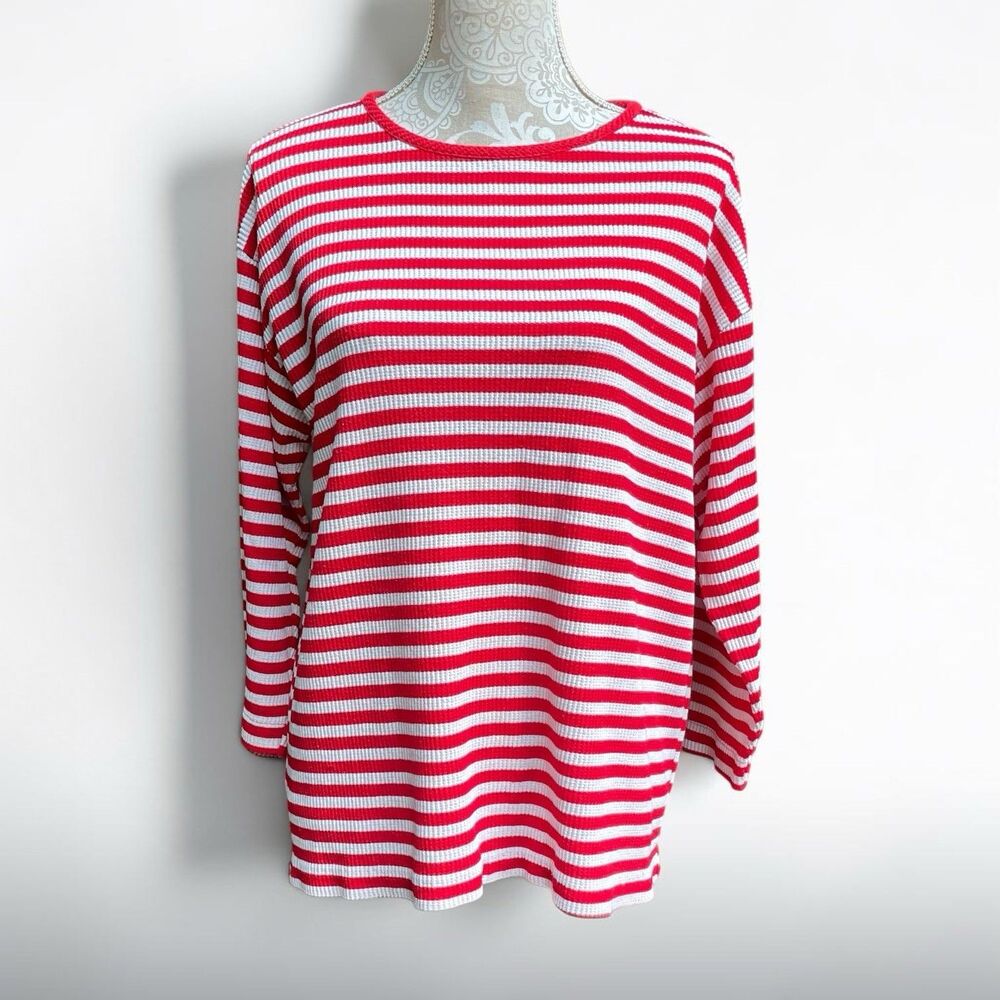 Vintage 80s 90s Euro Coastal Thermal Red White Stripe Top Willow Creek M USA